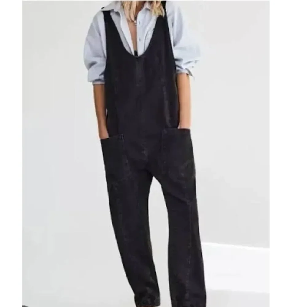 Free People We The Free High Roller Denim Overalls - Mineral Black S